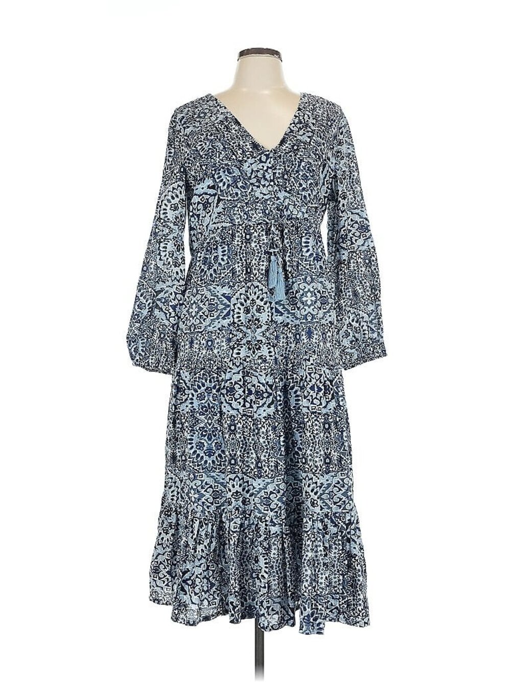Lucky Brand Long-Sleeve V-Neck Maxi Dress; Gorgeous Blue Print; Size Large; NWT
